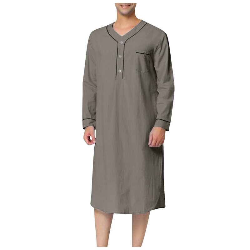 男性用Vネックリネンネグリジェ,イスラム教徒のドレス,長袖,ルーズフィット,睡眠用