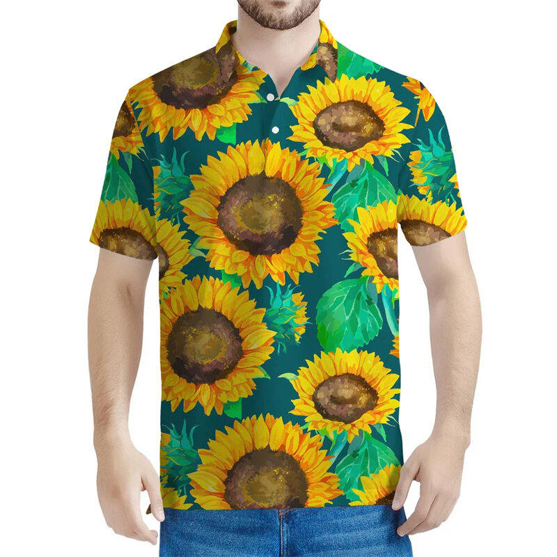 Polo con grafica girasole alla moda per uomo t-Shirt con bottoni t-Shirt con risvolto a maniche corte con fiore stampato in 3D