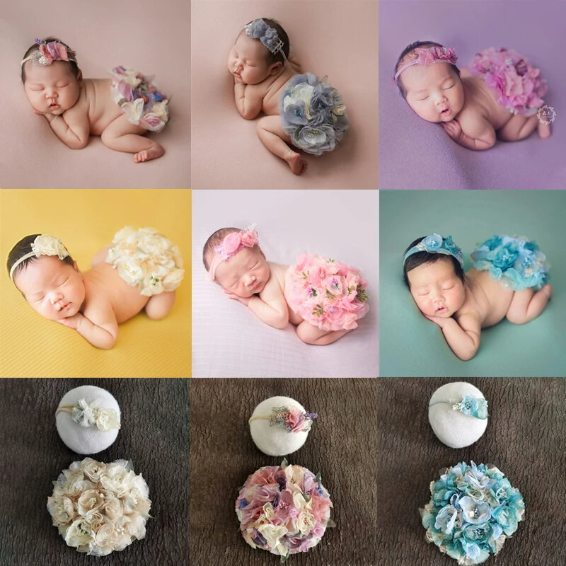 Kostium fotograficzny dla noworodka rekwizyty fotograficzne opaska na głowę dziewczynka + okrągła kwiatowa okładka na sesję zdjęciową dla noworodka