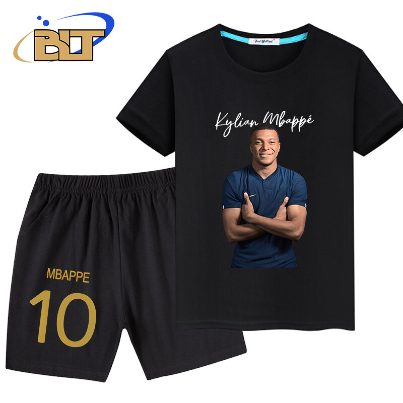 Mbappe Hoofd Bedrukte Kinderkleding Zomer Jongens T-Shirt Broek 2-delige Set Zwarte Korte Broek Met Korte Mouwen