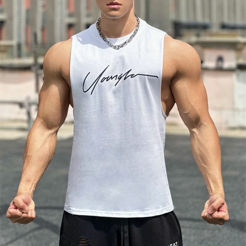 Modna bawełniana męska koszulka sportowa sportowa męska koszulka z szerokimi ramionami wycięcie pod szyją bez rękawów tank top męska odzież