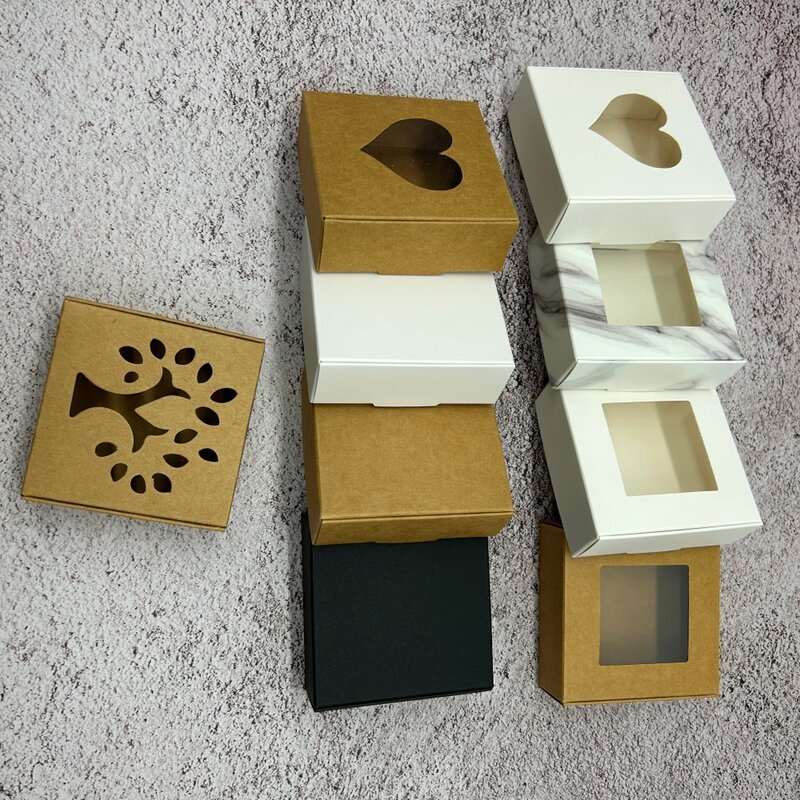 30 buah kotak kemasan perhiasan kardus kertas Kraft DIY buatan tangan kotak hadiah tampilan jendela PVC bening kotak kemasan hadiah