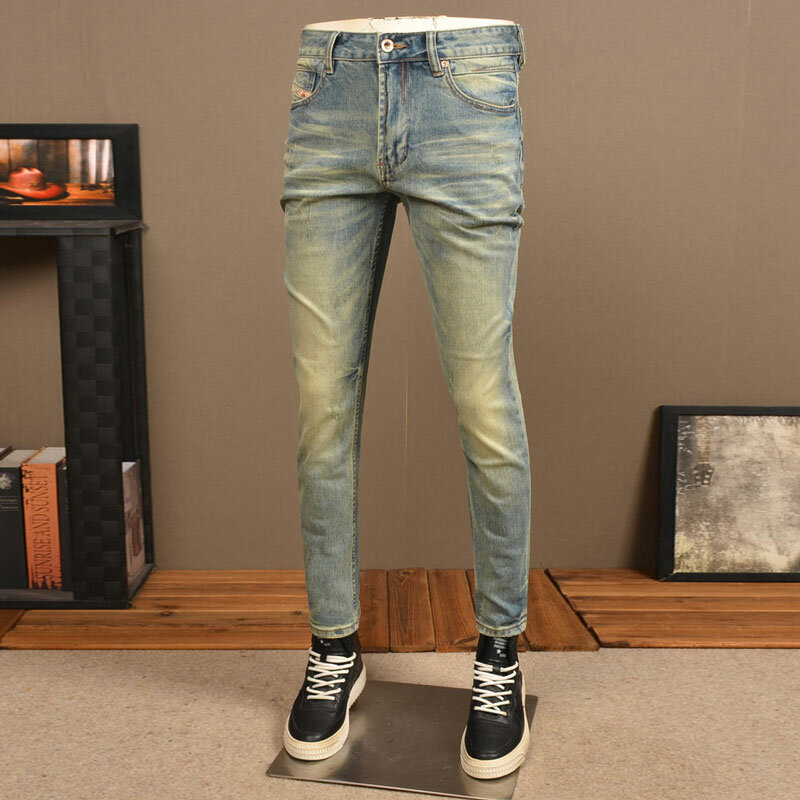 Estilo italiano retrô lavado jeans azul rasgado para homens, calça jeans stretch, calça justa, designer vintage, na moda, de alta qualidade