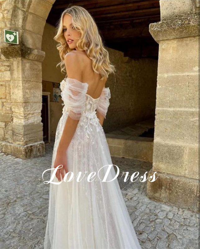 LoveDress Beach Tulle Off The Shoulder Wedding Dresses Modern Sweetheart A-Line Bridal Gowns Pleated Sleeves Illusion Summer