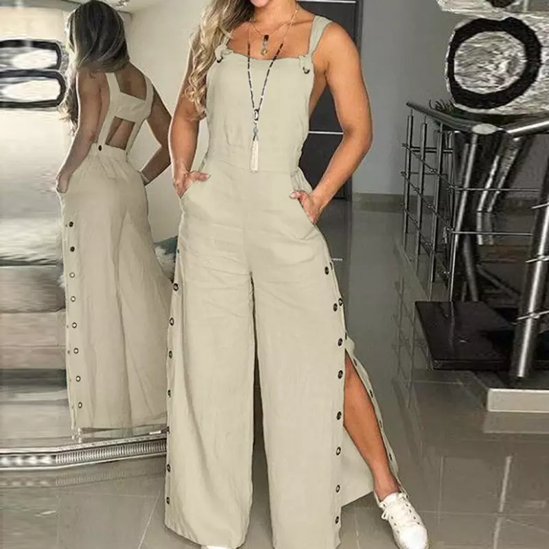 2024 Button Jumpsuit Spaghetti Long Camis Pocket Summer Vintage Loose Wide Leg Overall Jumpsuit Playsuits Pocket Bodysuits Women