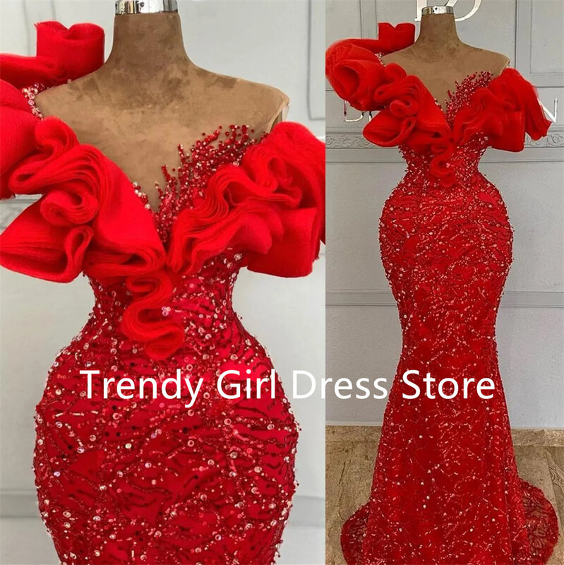 Vestidos de Fiesta de sirena roja de lujo, talla grande, brillantes, Vestidos de Noche, Vestidos de compromiso