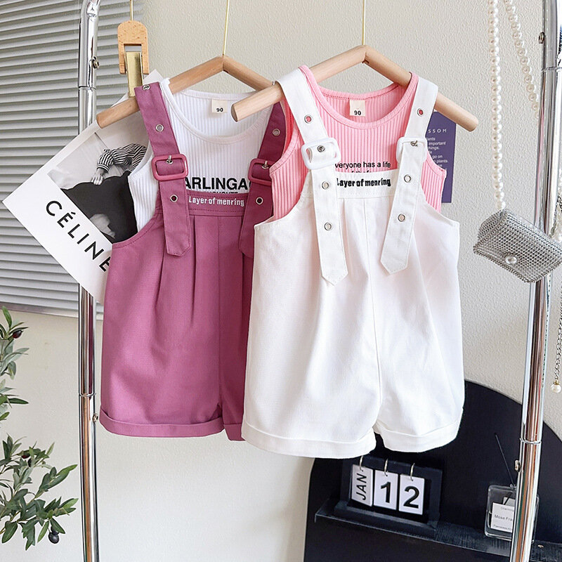 Dziewczęcy garnitur letni t-shirt bez rękawów + kombinezon 2 sztuki koreański dziecięcy odzież codzienna dwuczęściowy zestaw odzieży dziecięcej 2-7 lat