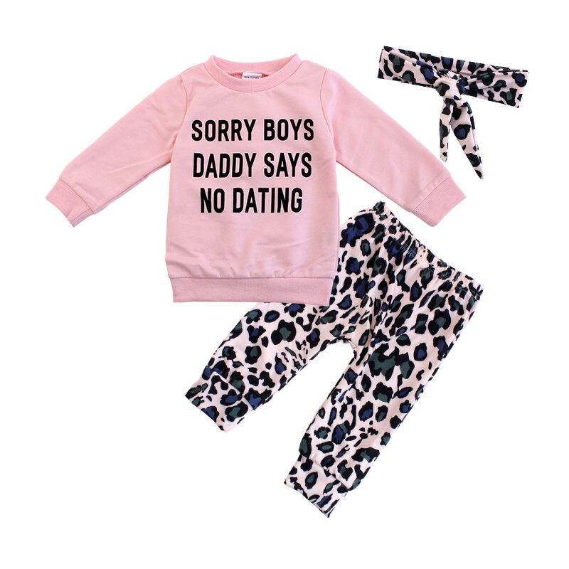 Setelan baju bayi 3 potong, setelan baju bayi perempuan, baju balita macan tutul, lengan panjang, motif huruf Pink, musim gugur