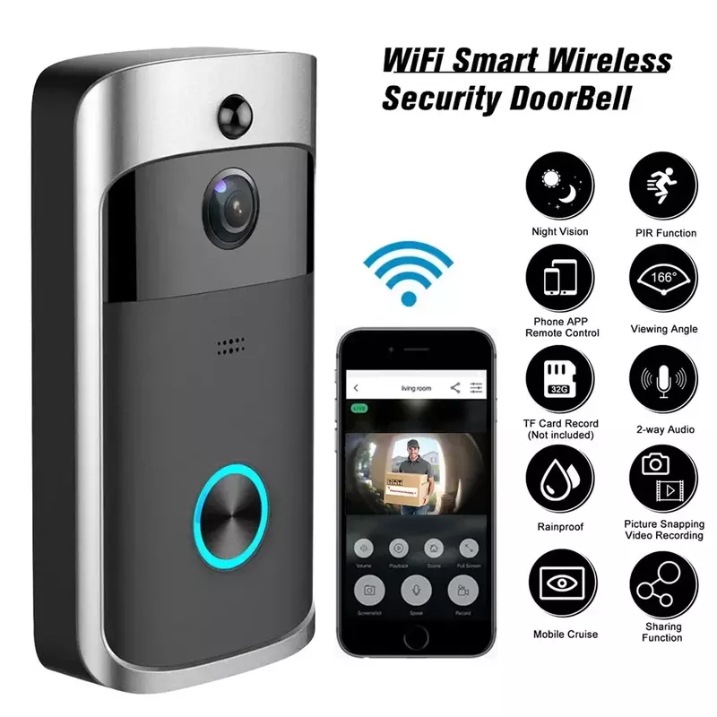 Campainha de segurança doméstica inteligente sem fio, porteiro de vídeo, visão noturna IR, a pilhas, Wi-Fi, 720P HD, AC, novo