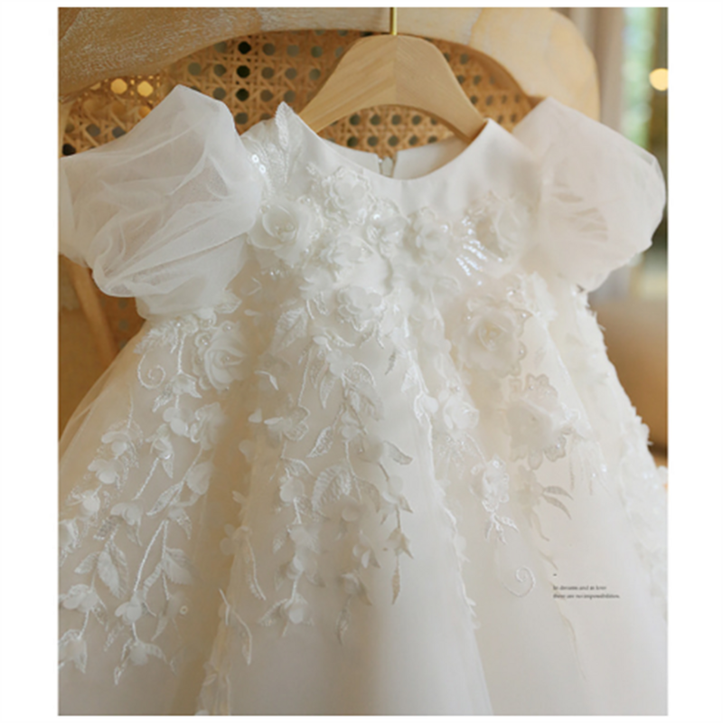 Gaun Princess pinggang tinggi pembaptisan gaun pernikahan ulang tahun bayi putih gaun perempuan bunga gaun Komuni kustom halus
