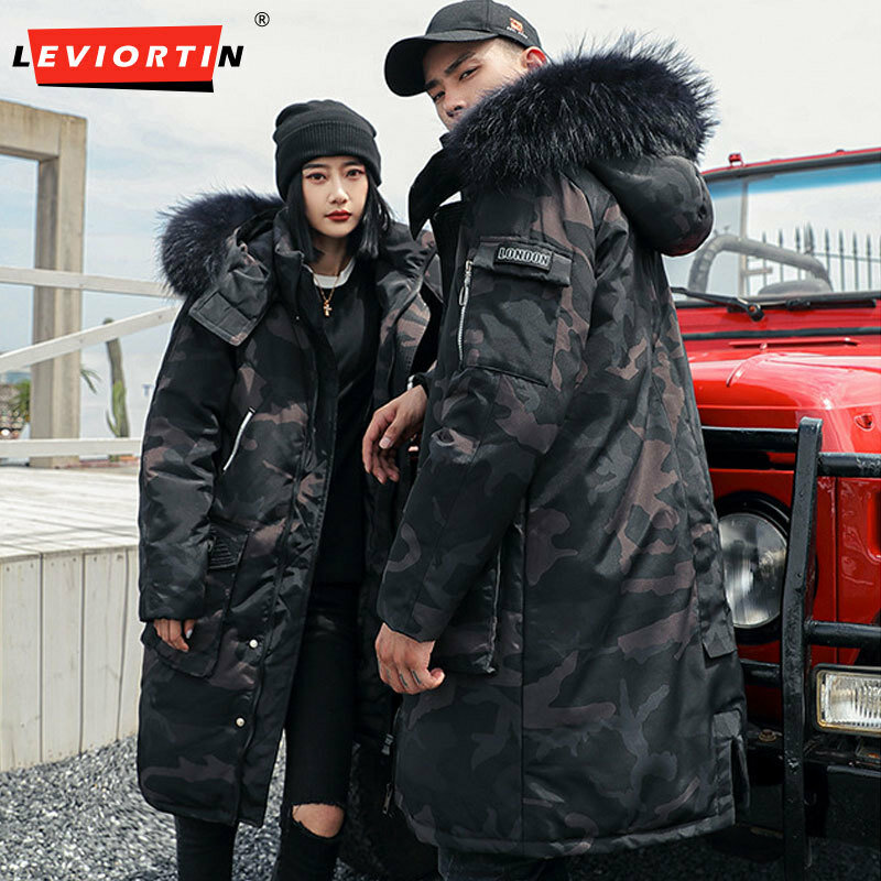 Korean Style Winter Long Parka Coat Men Woman Down Jacket Clothing Hooded Fur Collar Thicken Warm Leisure Lovers Overcoat Unisex
