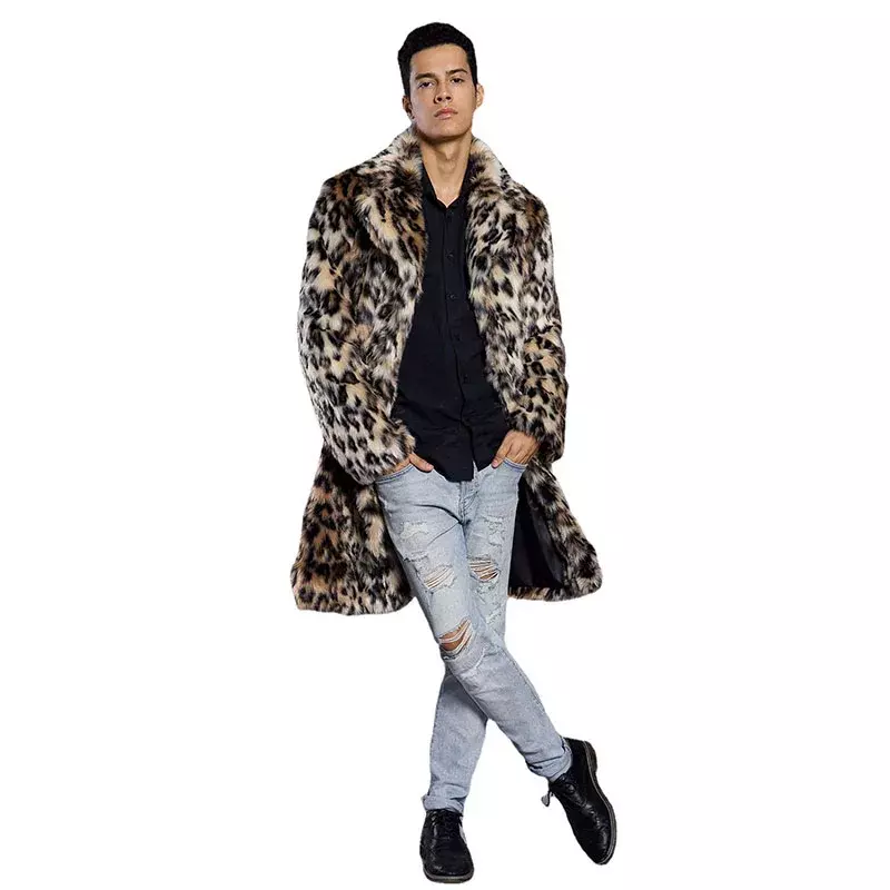 Men Faux Fur Coat Leopard Color Suit Collar Warm Coat Autumn Winter New Streetwear Cold Resistance Mid-Long Fur Coat