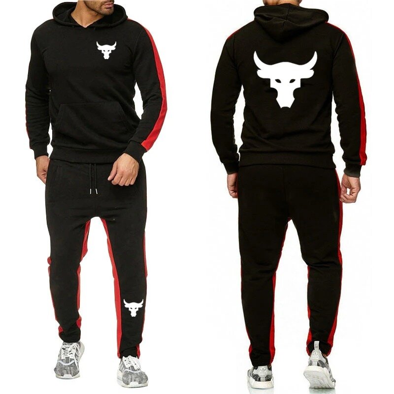 2024 Spring and Autumn Men's Dwayne Douglas Johnson Brahma Bull Tattoo Printing Fashion Hooded Sweater+Sweater Pants Solid Color