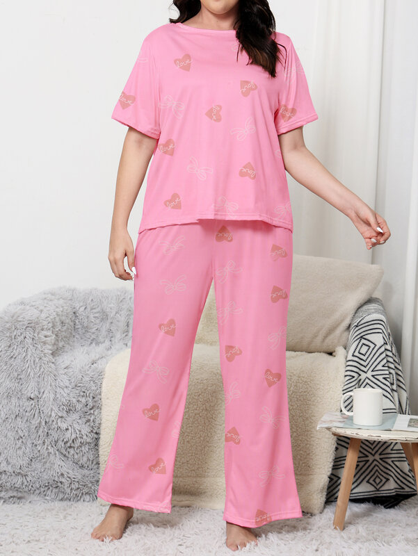 Conjunto de pijama de talla grande con manga corta y pantalones largos, ropa de casa de estilo para niña, se puede usar en exteriores con material de seda de leche