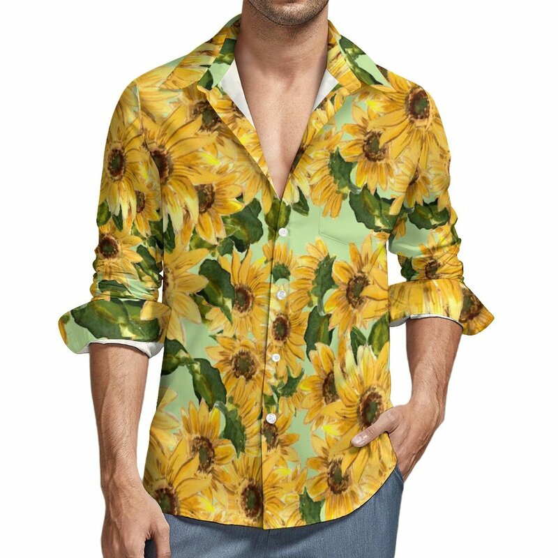 男性用ひまわり長袖シャツ、黄色の花のヴィンテージシャツ、y2kストリート特大ブラウス、カジュアルデザイントップス、秋