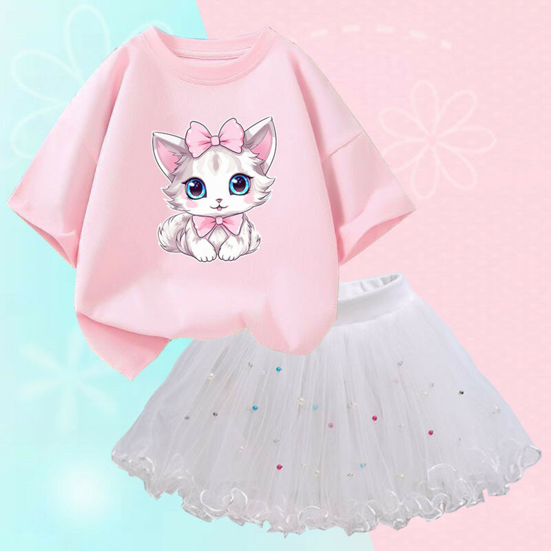 Ropa de verano para niñas pequeñas, camiseta de gato y falda de tutú de malla, conjunto de dos piezas, moda coreana, trajes para niños de 3 a 14 años