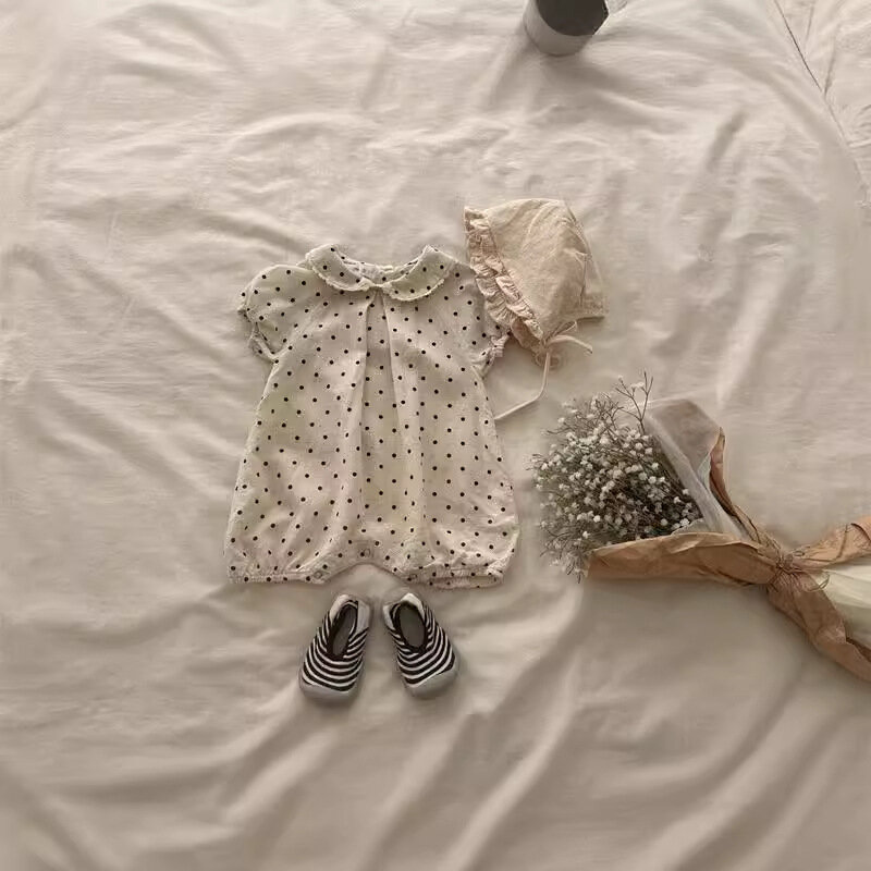 Комбинезон для новорожденных девочек, хлопковый Свободный комбинезон в горошек с отложным воротником и короткими рукавами, повседневная одежда для малышей, лето 2024