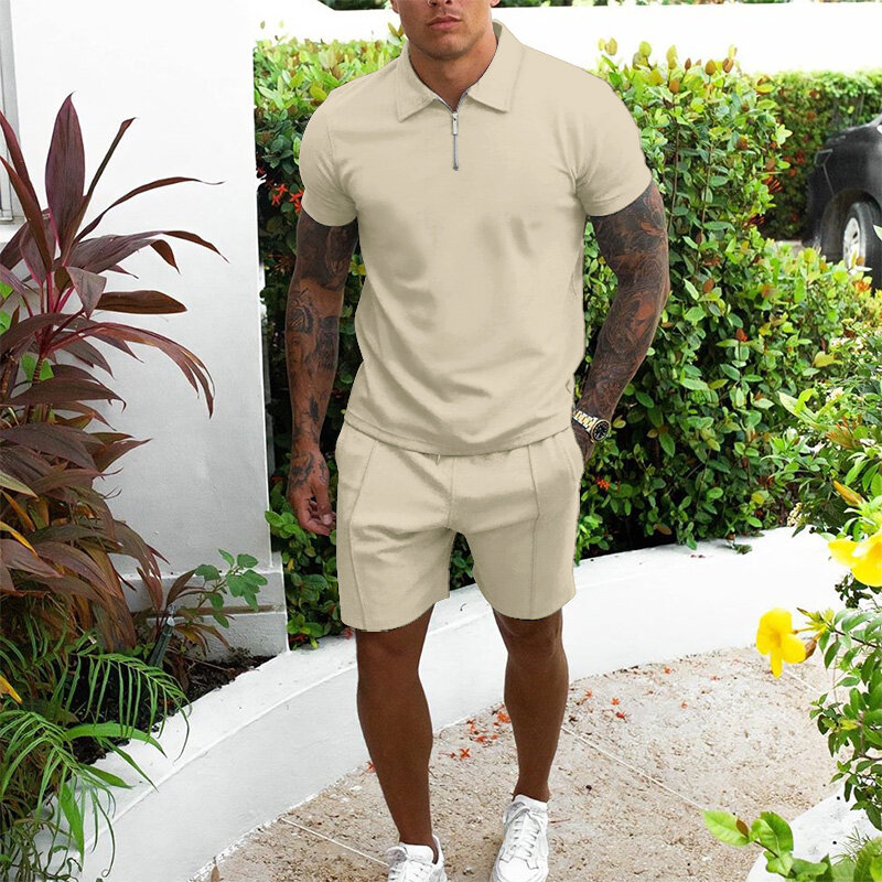 2022 novos homens agasalho terno de verão manga curta fina camisa polo + shorts esporte 2 peça conjunto sólido casual jogging esportiva