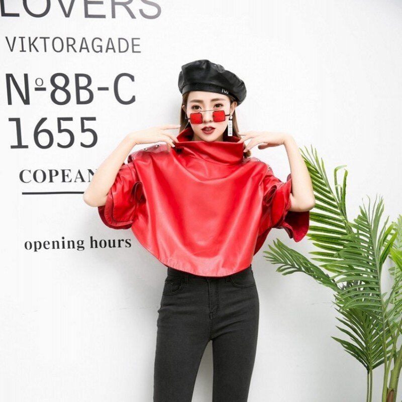 2023 New Spring Womens Short Jacket coreano manica a pipistrello cappotti in vera pelle Loose Fit Streetwear Cape Coat Size S-4XL