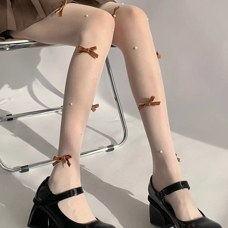 Pita Beludru Pink Mutiara Bordir Stoking Tubuh Pantyhose 3D Pantyhose Seksi Ketat untuk Gadis Manis dari Nylon ala Jepang Gaya Lolita