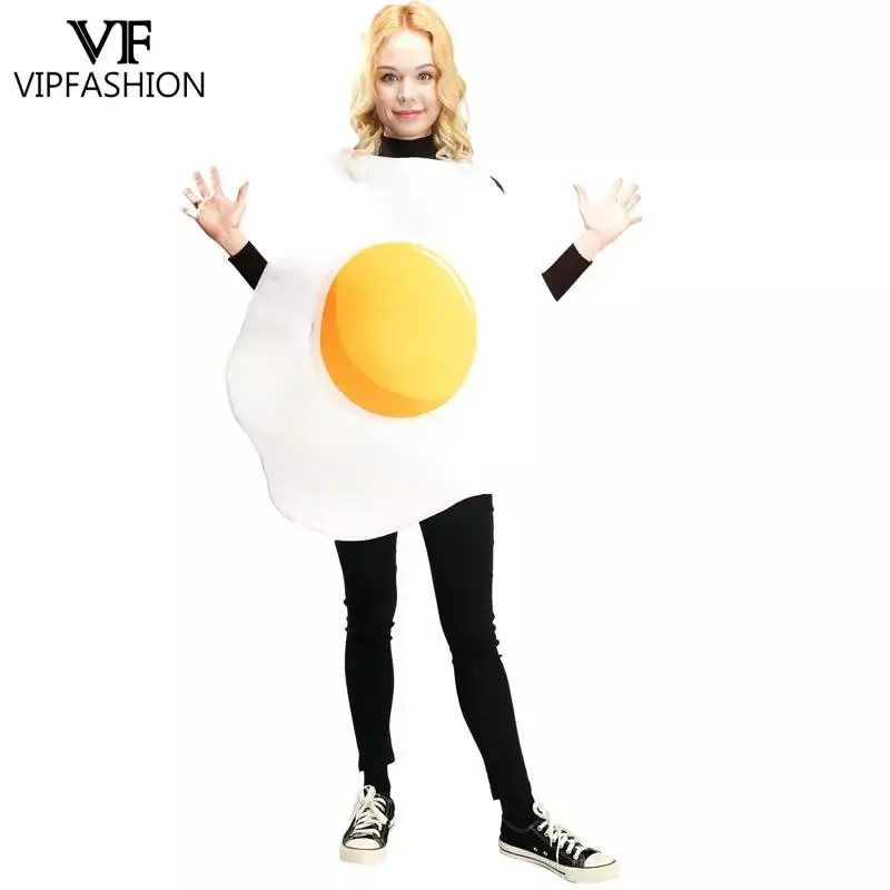 VIPFASHION Couple Poached Egg Bacon Costume Funny Food Party Cosplay Jumpsuit Unisex Halloween Adult Performance Show Outfit
