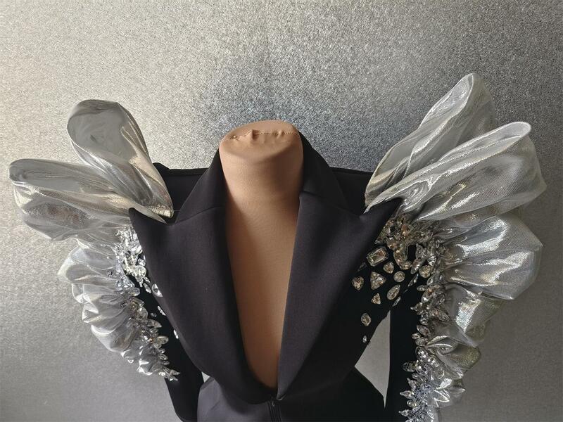 반짝이는 라인스톤 과장된 소매 블랙 재킷, 섹시한 가수 댄서 나이트 클럽 재즈 댄스 코스튬 공연 쇼 페이지 웨어