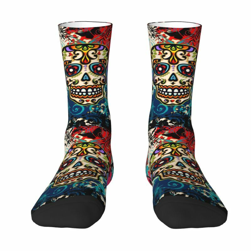 Novelty Mens Mexican Day Of The Dead Sugar Skull Dress Socks Unisex Warm Breathbale 3D Printed Halloween Crew Socks