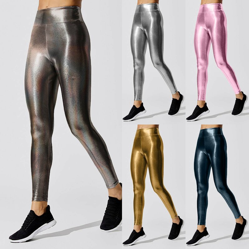 Mulheres cintura alta brilho metálico calças de ioga, ginásio Sportswear, Legging feminino, apertado, sexy, brilhante, esportes, perneiras, roupas, Y2K