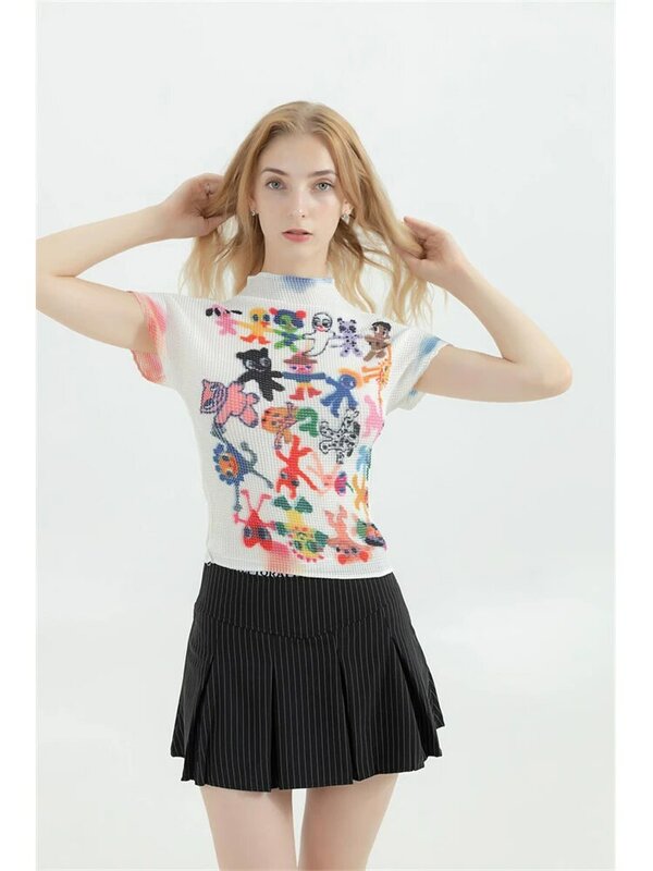 Koszulka damska Harajuku koreańska wydruk graficzny z krótkim rękawem Y2k koszulka Top ubrania moda Vintage Streetwear koszulki z okrągłym dekoltem lato