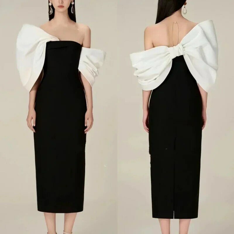 Gaun malam kontras bahu terbuka desain pita besar modis sederhana 2024 gaun Porm lurus panjang sepergelangan kaki elegan