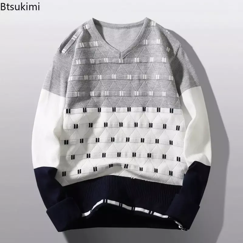 2024 Men's Warm Contrast Color Knitted Sweater Autumn Winter V-Neck Knitwear Tops for Men Korean Version Slim Men's Bottom Shirt