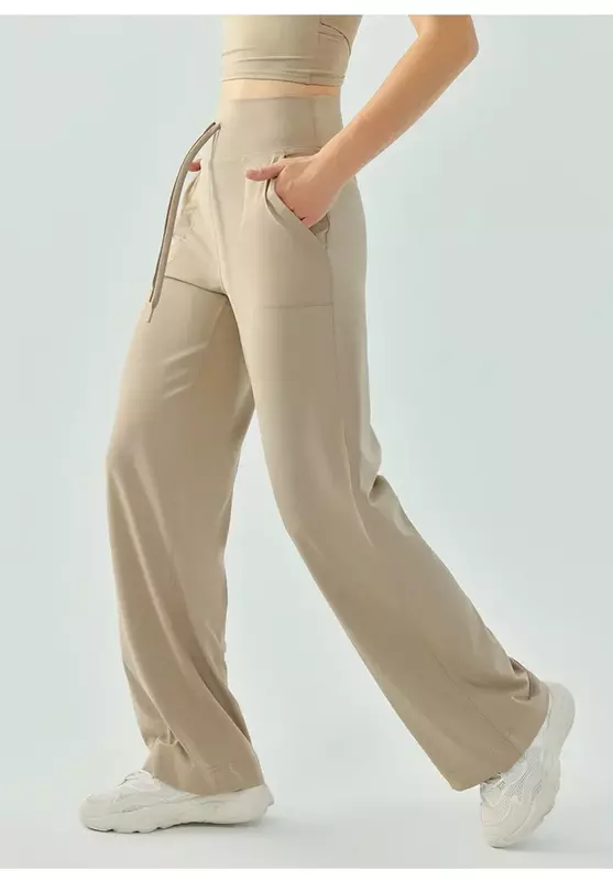 Calças esportivas com cordão de cintura alta nuas para mulheres, calças largas soltas de fitness monocromáticas, calças de ioga finas de secagem rápida