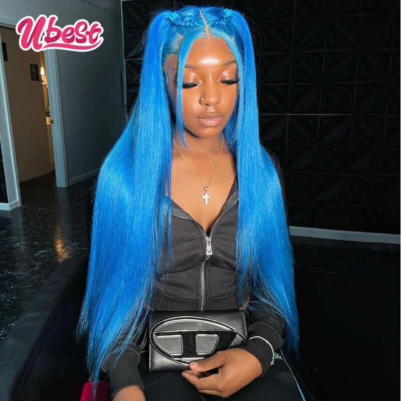 Peruca frontal reta colorida azul para mulheres, cabelo humano, 13x6, peruca frontal de renda transparente, pré-arrancada, perucas de fechamento, 613