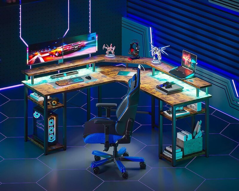 Gaming Desk L Shaped com luzes LED e Tomadas de Energia, mesa do computador reversível, Suporte Monitor completo, S Armazenamento, 56"