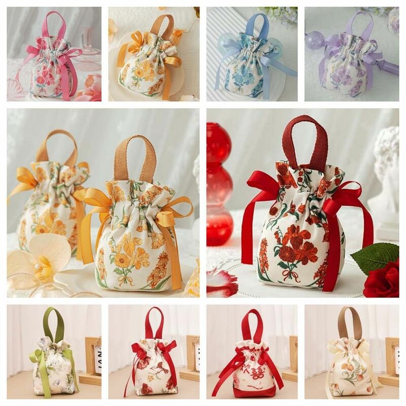 Tas kanvas motif bunga, tas kanvas tali serut gaya Korea, kapasitas besar, tas pergelangan tangan kecil, tas penyimpanan, tas kemasan perhiasan, tas tangan pita kupu-kupu