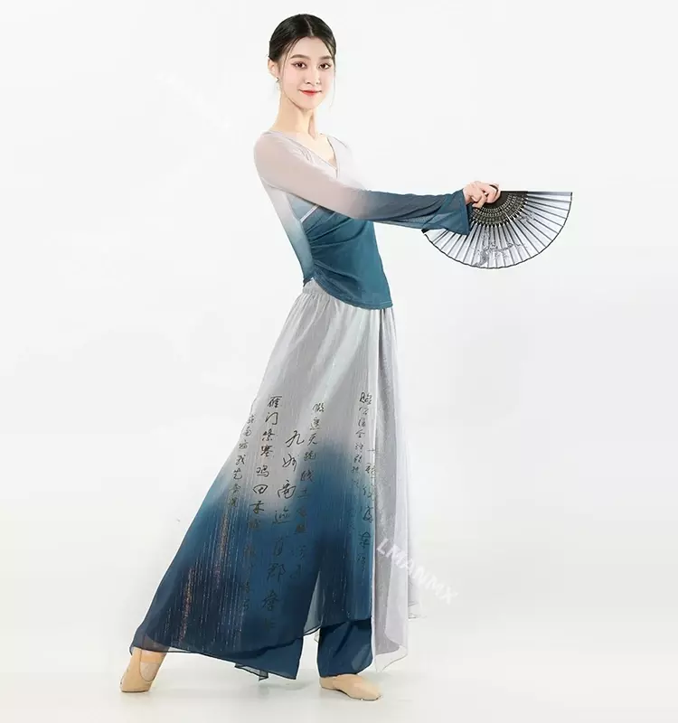Disfraz de baile clásico de Sarong degradado para mujer, falda de pierna ancha, pantalones de práctica, ropa de actuación en escenario