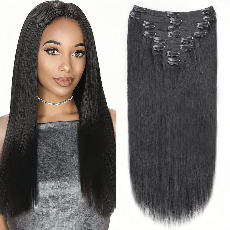 26 Inch Clip in Hair Extensions Real Natural Hair Remy Straight 120G 8Pcs Brazilian Clip in Human Hair #1B Extensions For Women