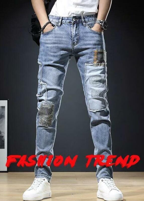 Elastyczne haftowane dżinsy męskie Wiosna Jesień Slim Fit Spodnie z wiązanymi nogawkami Spodnie z naszywkami ulicznymi do kostek