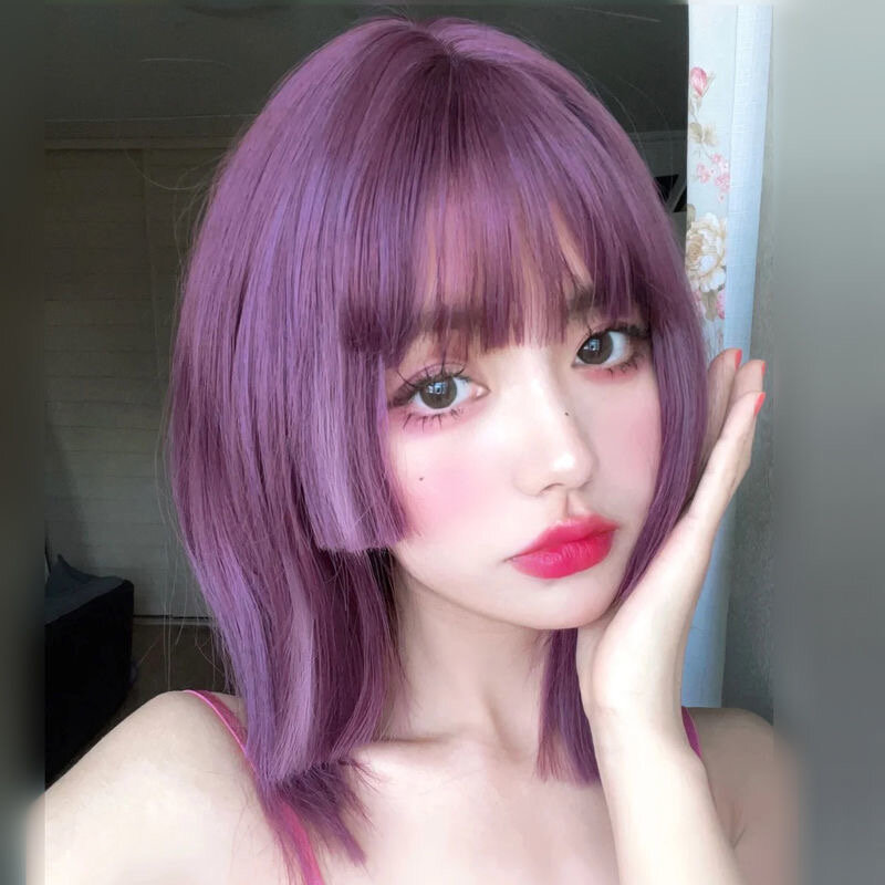 Wig lurus pendek dengan poni berlapis ungu alami rambut sintetis Jepang Ji untuk Wig rambut Cosplay Lolita harian wanita