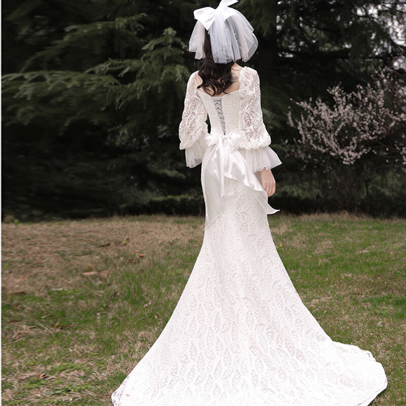 Корейское свадебное платье-русалка, винтажные элегантные кружевные свадебные платья, потрясающее атласное официальное платье с бантом