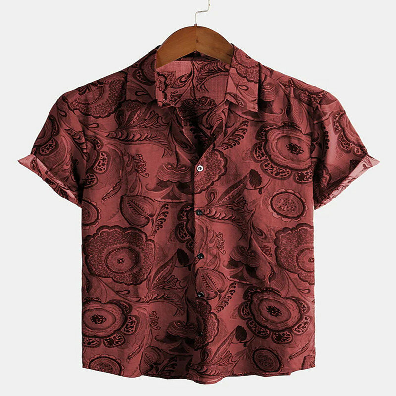 Męskie hawajskie koszule z krótkim rękawem w stylu etnicznym nadruk Retro Casual klapy przycisk bluzki Vintage koszule Oversized Camisa Masculina
