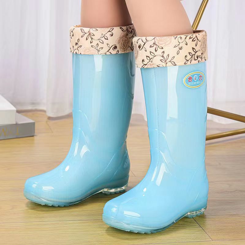 Women's Four Seasons High Top Rain Shoes Anti-Skid Waterproof Jelly Transparent Rain Boot Winter Plush Warm Rain Shoe Cover Shoe