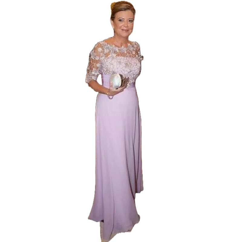 Elegancka matka suknia ślubna z kwiecista koronka półrękawami lawendowy szyfon długie sukienka na wesela i specjalne okazje