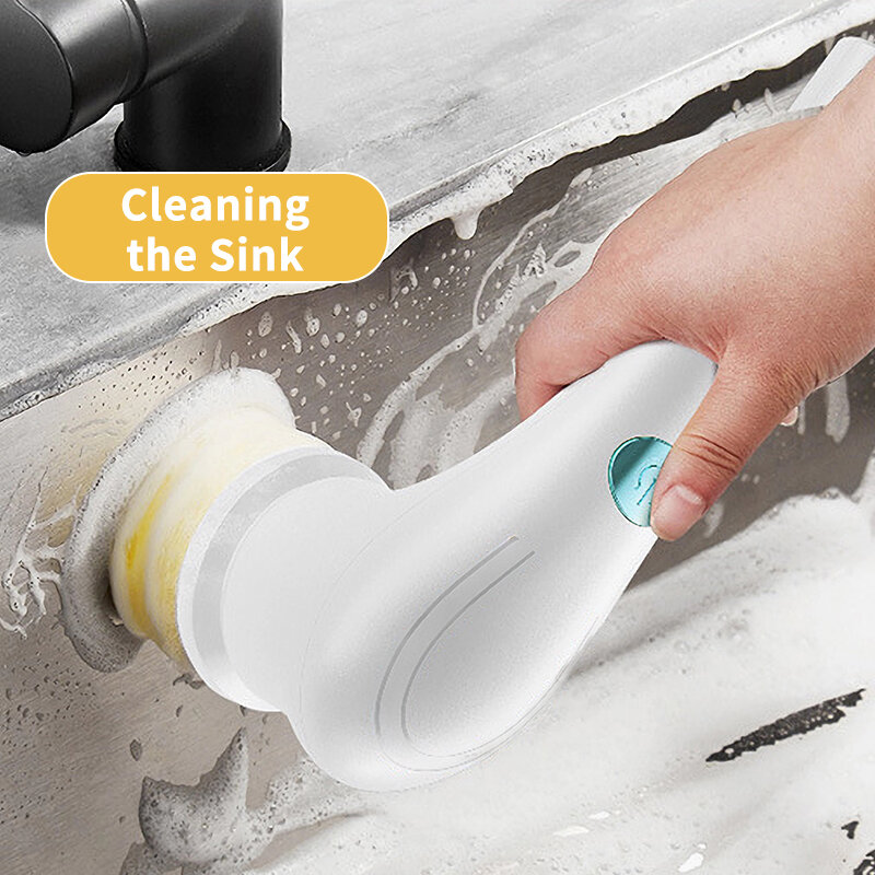 Sikat pembersih listrik nirkabel, dengan 5 kepala sikat yang dapat diganti untuk pekerjaan rumah tangga dapur pencuci piring ubin bak mandi membersihkan