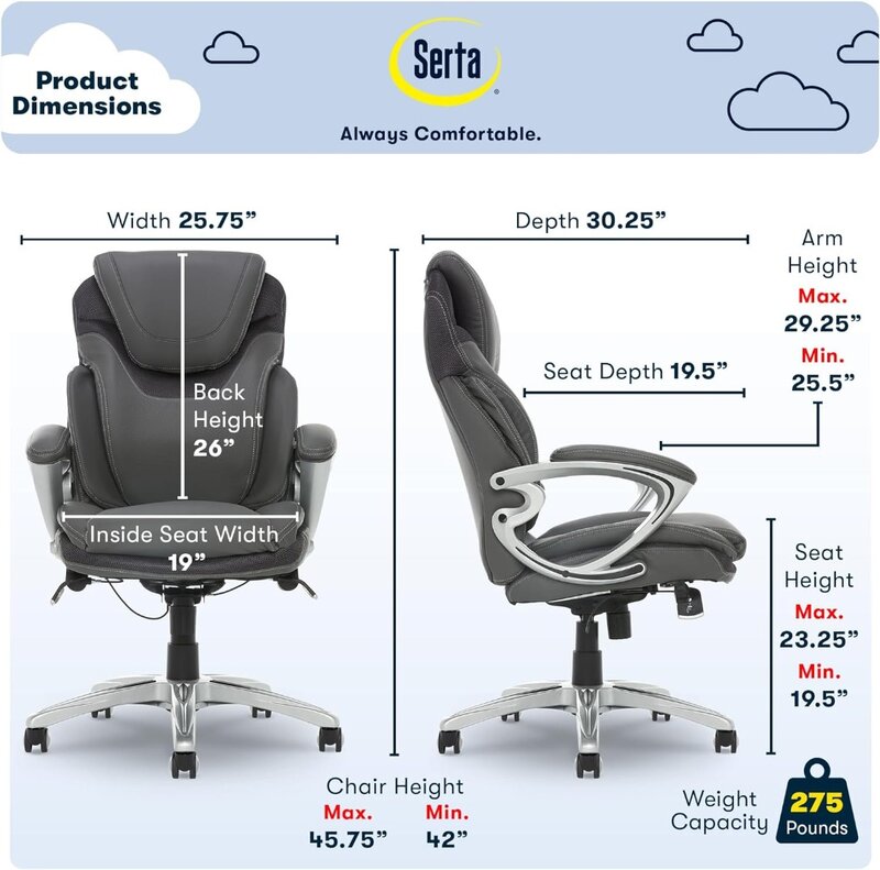 Serta Bryce Executive Office, Ergonomic Computer Desk Chair with Patented AIR Lumbar Technology, Comfortable Layered Body