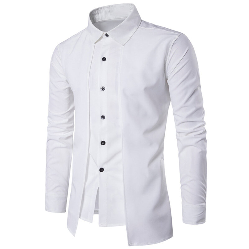 Camiseta casual dupla de capa masculina, botões, gola lapela, manga comprida, vestido de negócios, tops, blusa, primavera, outono