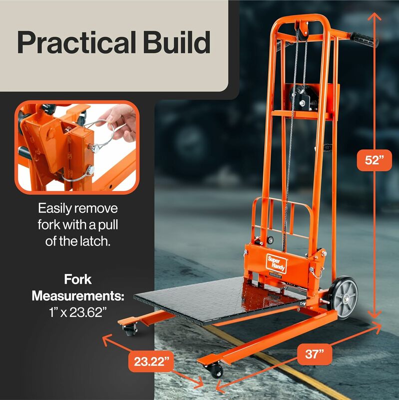 Material Lift Winch Stacker, Pallet Truck Dolly, Lift Table, Fork Lift, 330 Lbs 40" Max Lift w/ 8" Wheels, Swivel Casters