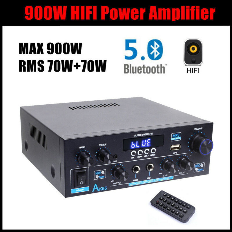 Woopker-Amplificador de Potência Doméstica, AK55, 900W, 2.0 Canais, Bluetooth 5.0, Estéreo HiFi Digital, Amplificador de Som, 2.0 450W + 450W Subwoofer