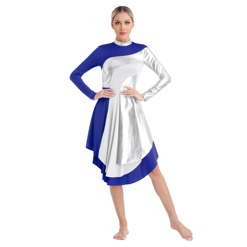 Womens Ballet Dress Long Sleeve Contrast Color Worship Liturgical Tunic Lyrical Dance Performance Costume Ballroom Dancewear