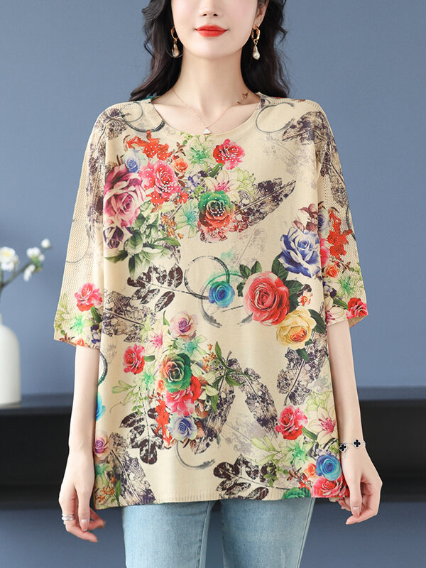 Kaus rajut berongga cetak Wanita Pakaian Musim Panas 2024 untuk wanita pullover kaus atasan Y2K longgar kaus Wanita